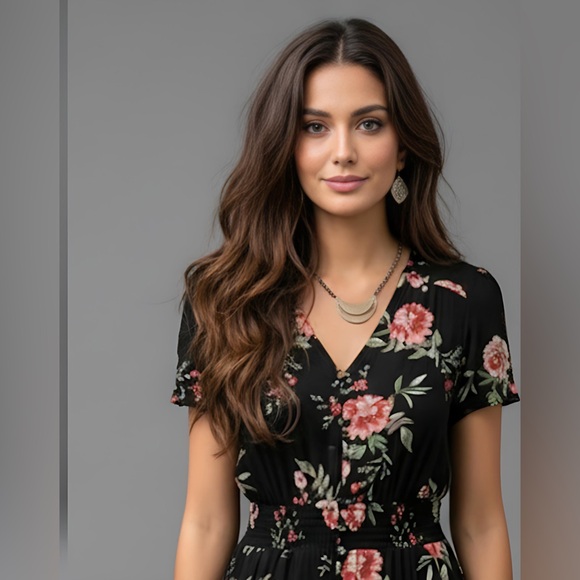 Black Boho Rose Floral Print Button Front Split Thigh Dress - Picture 6 of 14